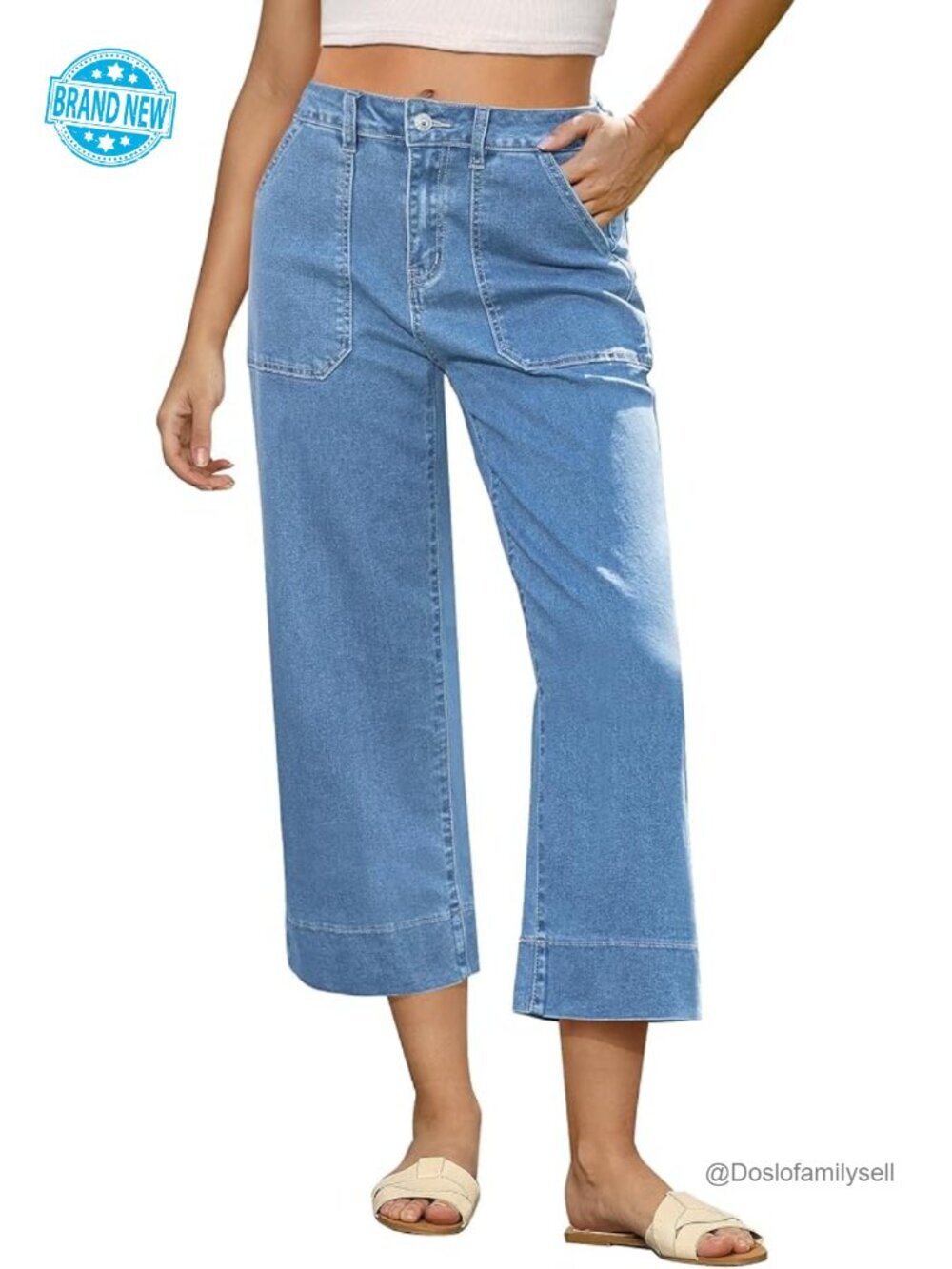 High Waisted Wide Leg Capri Jeans with Pockets Stretchy Denim